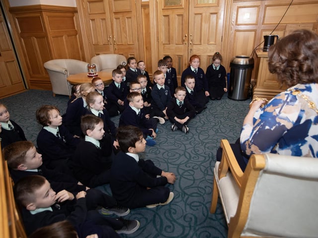 The Mayor of Derry City and Strabane District Council, Patricia Logue taking questions from pupils from the Long Tower Primary School during their Democracy Week visit to the Mayor's Parlour, Guildhall on Thursday morning. (Photos: Jim McCafferty Photography)