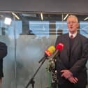 Hilary Benn addressing the media during a press conference at Ebrington Plaza on Thursday.
