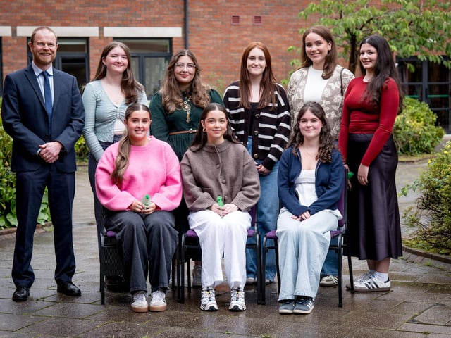 Top Performing Students at A2 Level. Front Row: Maria Godfrey, Ellie Halpin, Katharine Hickey. Back Row: Dr N. Morewood (Head of Year 14), Sara Lindsay, Jana Marzouk, Clara McDevitt, Ella McGeady, Aoife McGonigle