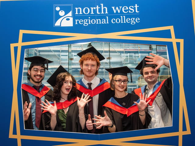 Ben Rahim Anderson, Eva Glenn, TJ Harvey kelly, Sophie McCaid and Conor McKinley pictured at NWRC's Higher Education and Access Graduation ceremony at the Millennium Forum.  (Pic Martin McKeown) 