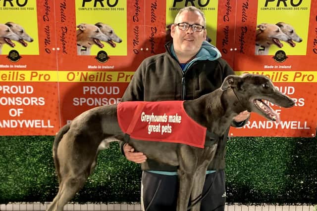 'Galliagh Sky' pictured with winning owner, Ciaran McLaughlin.