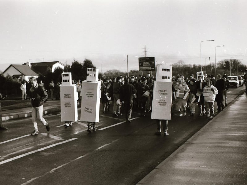 Protesters on Buncrana Road at a Faulty Towers cross-border protest over checkpoints and security force towers in 1993.