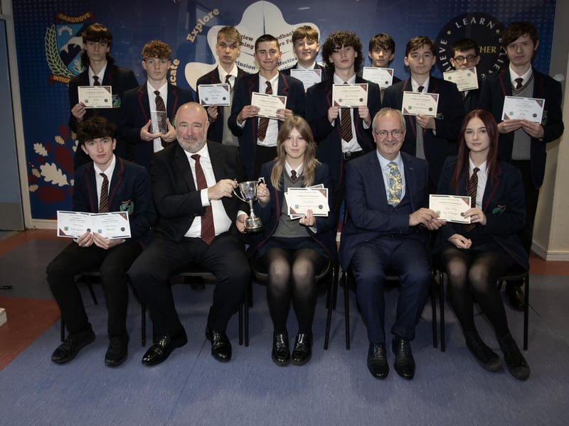 Year 11 prizewinners at Oakgrove Integrated College receiving their awards from Mr. John Shiels, CEO, Manchester United Foundation and Mr. John Harkin, Principal. (Photos: Jim McCafferty Photography)