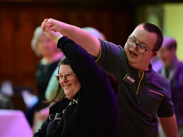 Cory Dunn and Maria Hannigan from New Horizons Partnership, Strabane
The Mayor Councillor Lilian Seenoi-Barr hosted an Afrobeat Tea dance in the Guildhall which blended traditional waltzes with a selection of upbeat tunes bringing people to their feet on the dance floor of the main hall. Picture Martin McKeown. 09.10.24