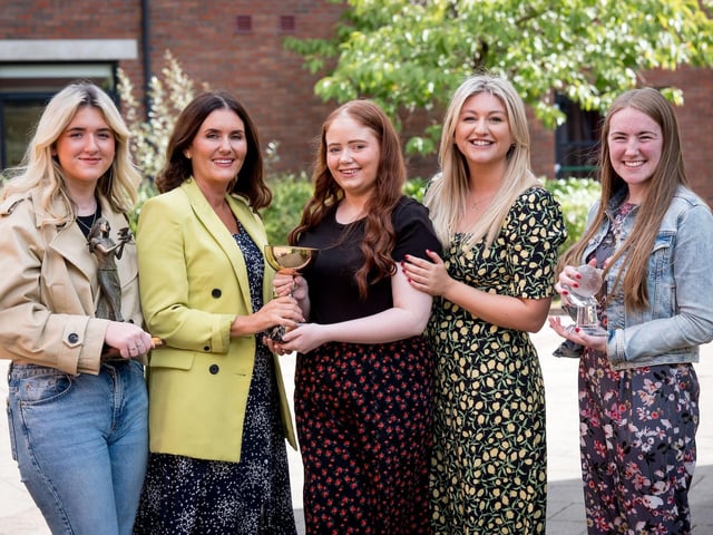 Riaina Johnston, Mrs Geraldine Walker (Head of Year), Lucia Gallagher, Ms Aoife Moore (Guest Speaker), Hannah Mullan.