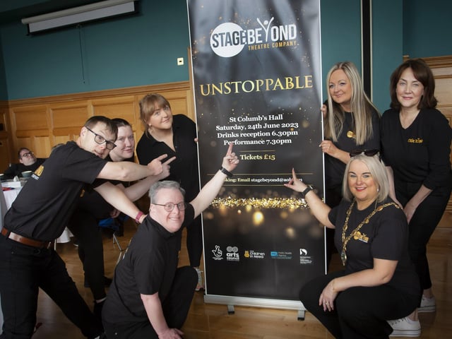 ‘Unstoppable!' - Mayor of Derry and Strabane, Councillor Sandra Duffy, hosted a special reception in the Guildhall for Stage Beyond, the award-winning local theatre company for adults with learning disabilities based at the Millennium Forum during which she also helped launch their upcoming annual variety showcase ‘Unstoppable’ which will be performed in St Columb’s Hall on 24th June 2023. Included with the Mayor are, from left to right, Seamus McIntyre, Bernie Shiels (Board Chair), Jean Dunn (Lead drama facilitator), Kevin Harkin, Bernie Mullen (Communications officer), and Dee Conaghan, (Artistic Director). Tickets for the show can be booked by emailing stagebeyond@aol.com (Photo: Jim McCafferty Photography)