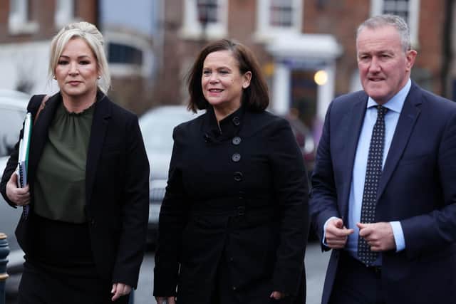 Sinn Fein’s Michelle O’Neill, party president Mary-Lou McDonald and Paul Murphy. Picture by Jonathan Porter/PressEye