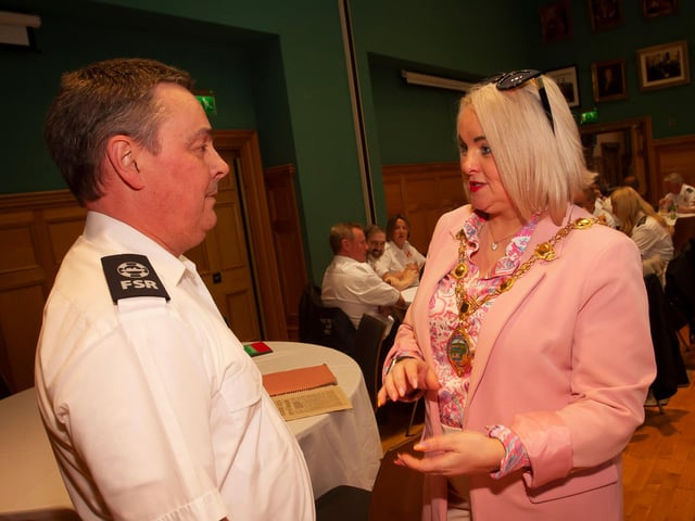 The Mayor Sandra Duffy in conversation with Stephen Twells, FSR, during Wednesday’s reception in the Guildhall.