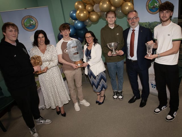 Pictured receiving their awards at Senior Prizegiving are Lorcan Moody, winner of the Father McElhinney Award for Geography, Oisin McGlinchey, winner of The Seagate Engineering Prize, Sam Brattin, winner of The Niall McDaid Memorial Trophy and Ethan Kehoe, winner of The Niall O’Kane Memorial Prize for Social Concern. Presenting the prizes are Mrs D Duffy, Senior Teacher and Year Head, Mrs C. McLaughlin, Vice Principal and Mr T McGonigle, Senior Teacher and Head of English.