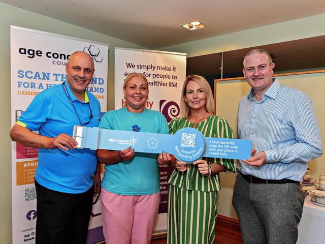 Age concern members Howard Cook, Anouska Noble, Claire Harkin and Martin Reilly pictured at the launch of the ‘Scan the Band’ Dementia Safeguarding Scheme in the Guildhall. Photo: George Sweeney