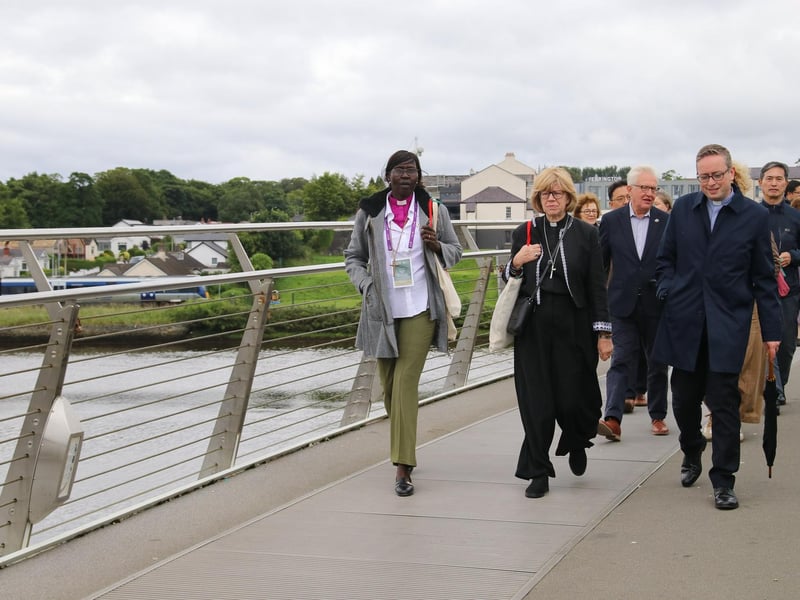 The new Archbishop of Canterbury, the Most Revd and Rt Hon Dame Sarah Mullally DBE, walking across the Peace Bridge during a visit to the city on Wednesday. (Photo - Deirdre Heaney, nwpresspics)