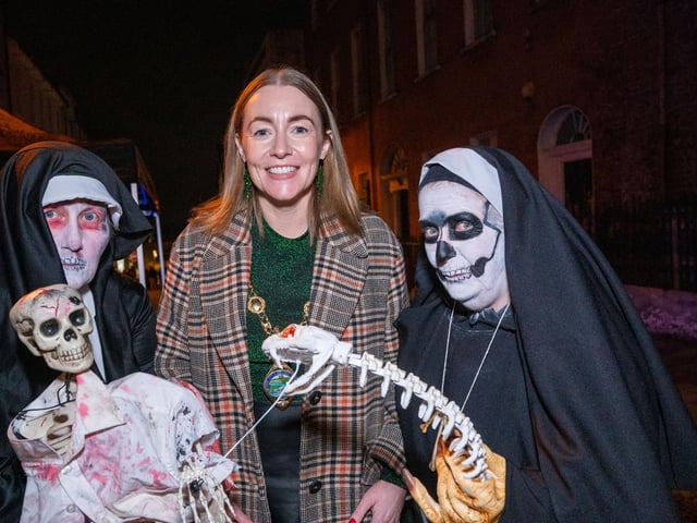 The Mayor Councillor  Grace Uí Niallais  meets some of the zombie nuns in Pump Street.