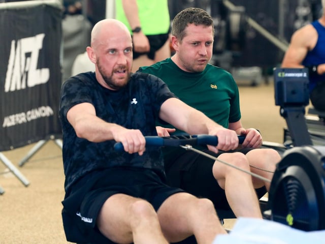 Participants on the rowing machines at the Ebrington Hyrox held in Ebrington Square on Saturday. (Photo - Tom Heaney, nwpresspics)