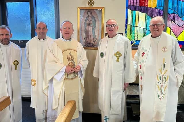 At the blessing of the picture of Our Lady of Guadalupe in the Holy Family Church in Dundalk, Co Louth, Archdiocese of Armagh: Father Declan Shannon, Chaplain to Forces (CF); Father Michael Hinds CF;  Archbishop Eamon Martin; Head Chaplain Father Paschal Hanrahan HCF; and, Father Richard Delahunty CSsR