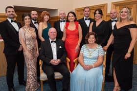 The Mayor Councillor Patricia Logue hosted the annual Mayor’s Ball in the Guildhall in aid of her crossed Charities the Foyle Hospice and Ryan McBride Foundation,, pictured with her husband James and family. Included are, Ronan, Colleen, Caolan, Aislimng, Barry, Caoimhe, Odhran, Orlagh, Caomhan and Melissa. Picture Martin McKeown. 24.05.24