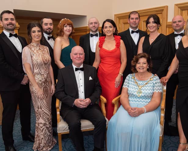 The Mayor Councillor Patricia Logue hosted the annual Mayor’s Ball in the Guildhall in aid of her crossed Charities the Foyle Hospice and Ryan McBride Foundation,, pictured with her husband James and family. Included are, Ronan, Colleen, Caolan, Aislimng, Barry, Caoimhe, Odhran, Orlagh, Caomhan and Melissa. Picture Martin McKeown. 24.05.24