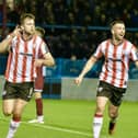 Will Patching celebrates with fellow scorer Michael Duffy after his stunning first half strike for Derry City at Drogheda. Photograph by Kevin Morrison.