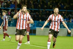 Will Patching celebrates with fellow scorer Michael Duffy after his stunning first half strike for Derry City at Drogheda. Photograph by Kevin Morrison.