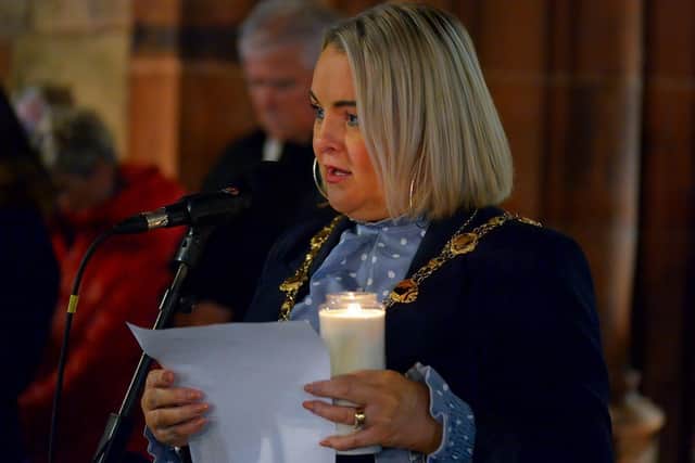 Mayor Sandra Duffy speaking at a candlelit vigil, held at Guildhall Square on Monday evening, to remember those who died in the Creeslough tragedy on Friday afternoon last. Photo: George Sweeney. DER2241GS – 48