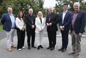 Dr Barry Scannell, Emma Redmond, Archbishop John McDowell, Minister Niamh Smyth, Archbishop Eamon Martin, Mark McDonnell and Professor Stephen Williams were contributors at today's 'Living Magnifica Humanitas' conference in Saint Patrick's College, Maynooth, hosted by the Irish Catholic Bishops' Conference (Catholic Communications Office archive).