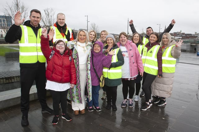 RUBY’S WALK. . . .The Mayor Sandra Duffy pictured with Christoper Cooper and the group from the Foyle Down Syndrome Trust before Saturday’s Ruby’s Walk. (Photos: Jim McCafferty Photography)
