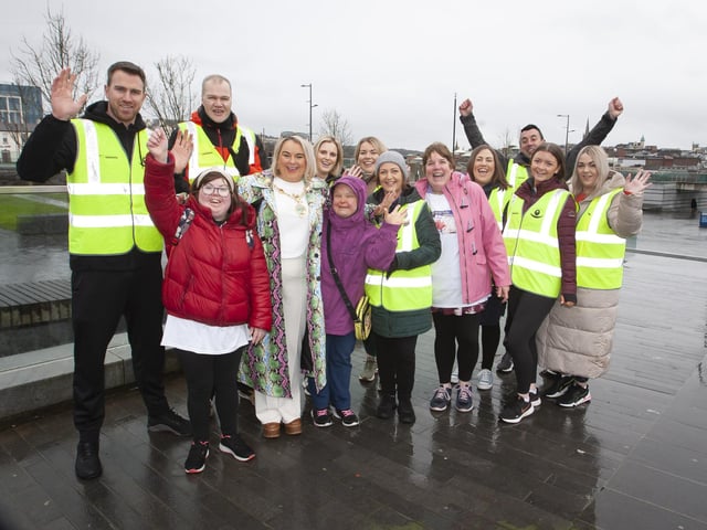 RUBY’S WALK. . . .The Mayor Sandra Duffy pictured with Christoper Cooper and the group from the Foyle Down Syndrome Trust before Saturday’s Ruby’s Walk. (Photos: Jim McCafferty Photography)