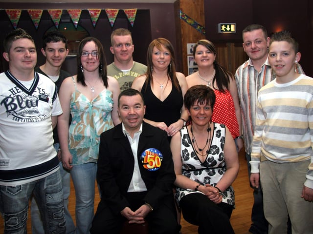 Charles pictured with his wife Marian, daughters, Michelle, Jennifer, Sinead and sons, Gary, Charles, Ciaran, Mark and Gary 0087JML : Parties and celebrations April 2006: Charles Harkin.