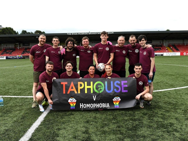 The Taphouse team took part in the Foyle Pride Football v Homophobia soccer competition held in Brandywell Stadium. Photo: George Sweeney