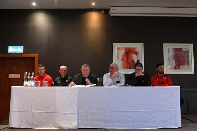 Derry City representatives Patrick McEleney, Paul Hegarty, Philip O’Doherty, Sean Barrett, Ruaidhrí Higgins and Pat Hoban at the club’s Fans Forum held in the City Hotel on Saturday afternoon. Photograph: George Sweeney