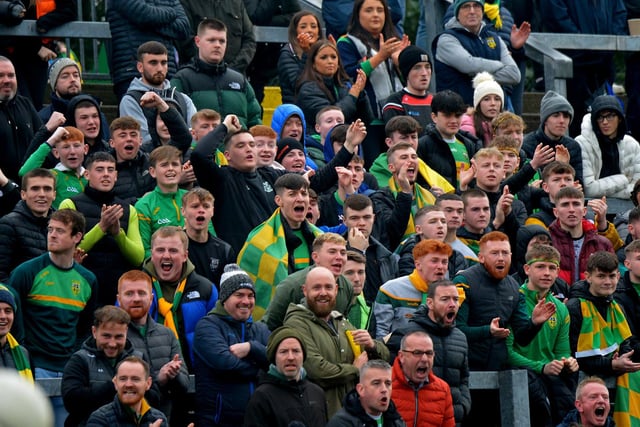 Fans of Watty Graham’s, Glen pictured at the SFC final game against Slaughtneil, in Celtic Park, on Sunday afternoon.  DER2243GS – 014