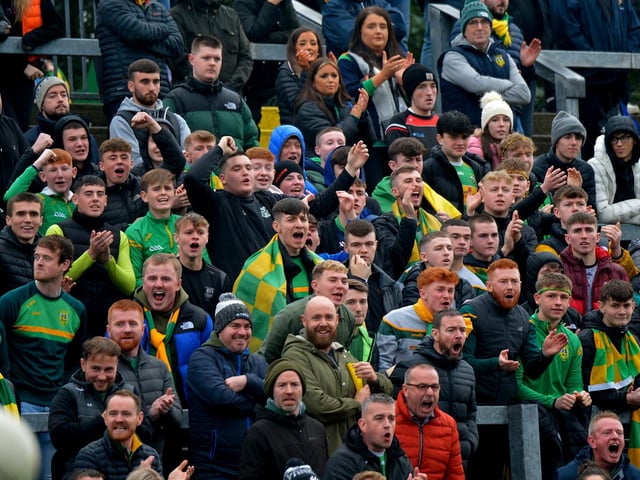 Fans of Watty Graham’s, Glen pictured at the SFC final game against Slaughtneil, in Celtic Park, on Sunday afternoon.  DER2243GS – 014