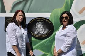 A plaque in memory of Bridie McBrearty, mother of IRA Volunteer George McBrearty, was unveiled by her daughters Catherine and Loretta at the 44th anniversary commemoration for George McBrearty held at the the Crann na Poblachta (Tree of the Republic) monument at Rinmore Drive in Creggan on Sunday afternoon. Photo: George Sweeney