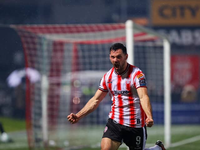 Derry debutante Pat Hoban celebrates his first goal for the club in the second half against Drogheda. Photo by Kevin Moore (MCI)
