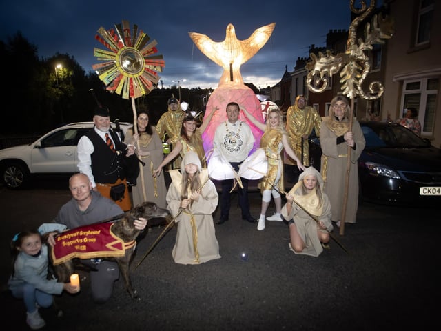 The Mayor, Ruairi McHugh pictued with the procession leads during Friday night's Solas in the Brandywell. (Photos: Jim McCafferty Photography) : .