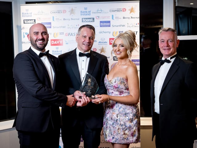 Winners of the Creative Marketer of The Year, Foyleside Shopping Centre, pictured with Hugh Hegarty, Chair of City Centre Initiative; Steven Lindsay, Vice President of Londonderry Chamber of Commerce who presented the Award on behalf of BHP Security Services who sponsored the award. : .