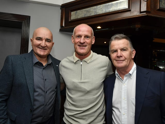 Ray McGuinness, Paul Hegarty and Hugh Harkin at the Derry City FC celebration of 40 years in the League of Ireland held in the Everglades on Saturday evening. Photo: George Sweeney