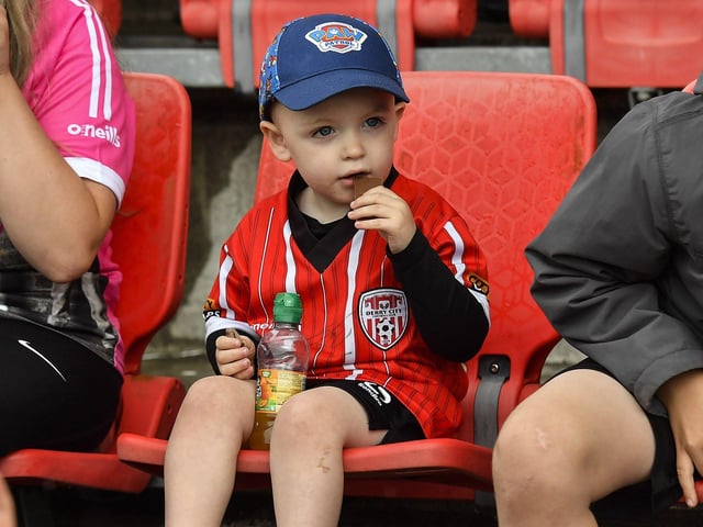 Young fan at the Derry City open training session on Monday morning in  Brandywell Stadium. The event was organised at part of the Gasyard Feile.  Photo: George Sweeney / Derry Journal
