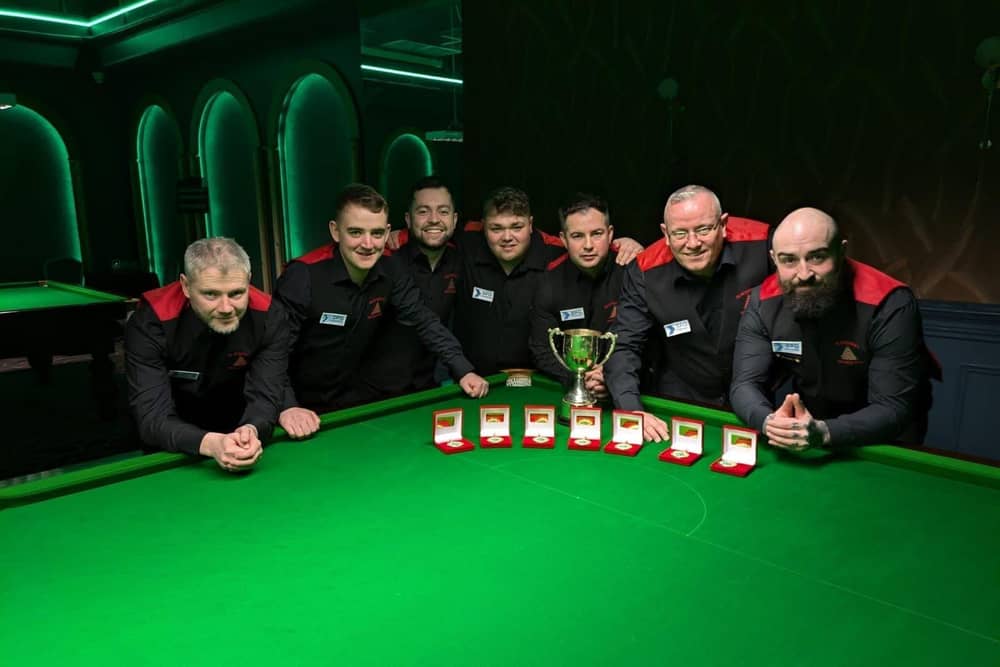 Derry's Sean Paul McCauley (second, from left) and his Blackstaff 'B' team-mates after winning the All Ireland Championship Snooker title in Killarney last week.
