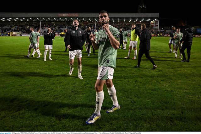 Goalscorer Michael Duffy of Derry City celebrates after the SSE Airtricity Men's Premier Division match between Bohemians and Derry City at Dalymount Park in Dublin. Photo by David Fitzgerald/Sportsfile