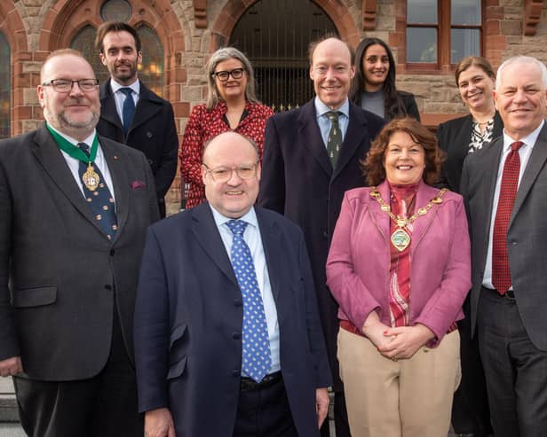 The Mayor Councillor Patricia Logue and Derry City and Strabane District Council Chief Executive John Kelpie pictured with Christopher Hayward, Policy Chairman, City of London Corporation and Ed Lord, OBE,  Deputy Governor of The Honourable The Irish Society at the Guildhall. Picture by Martin McKeown