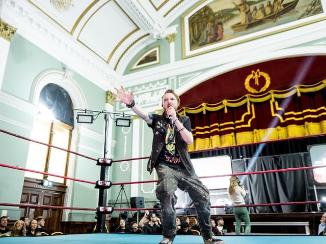 Playing to the crowd at the Brawl in the Hall.