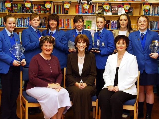 Seated at front are members of the teaching staff from St Mary's College. Included, from left, are Mary Rose, Ward, Marie Lindsay, and Rita Moore. Back from left, are Kerri Ann Robinson, best junior attendance, Melissa Deeney, William Allen Trophy, Carla Dunlop, Belfast Telegraph, Bronagh Ayling, representing the St Vincent De Paul Youth Conference, Leanne Crumley, Environmental award, Sarah Ann Doherty and Jamie Lee Logue, best senior attendance. (1510A19)