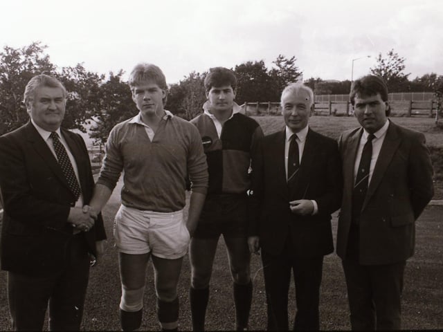 Rugby players and officials at YMCA, Drumahoe.