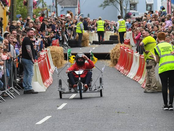 Competitor takes part in the Soap Box Derby run, held in Carndonagh, on Saturday afternoon. Photo: George Sweeney