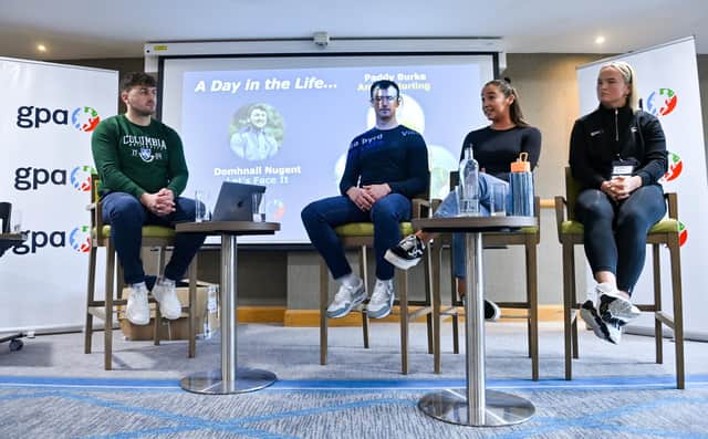 Speakers, from left, MC Domnhall Nugent (Let's Face It), Antrim hurler Paddy Burke, Cavan ladies footballer Neasa Byrd and Meath ladies footballer Vikki Wall during the GPA Rookie Camp at the Crowne Plaza Hotel in Belfast. Photo by Ben McShane/Sportsfile