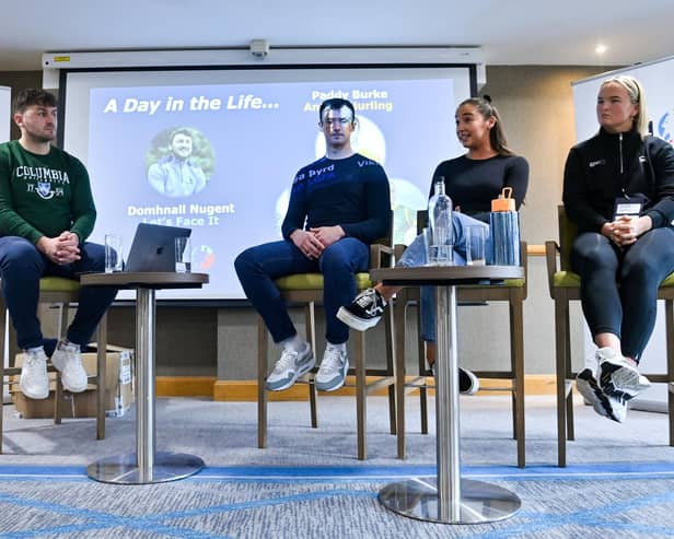 Speakers, from left, MC Domnhall Nugent (Let's Face It), Antrim hurler Paddy Burke, Cavan ladies footballer Neasa Byrd and Meath ladies footballer Vikki Wall during the GPA Rookie Camp at the Crowne Plaza Hotel in Belfast. Photo by Ben McShane/Sportsfile