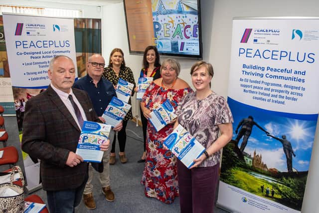 Derek Moore and Jacki Connolly, co-chair, Martin Duffy and Catherine Cooke, incoming Co-chair, Sue Divin, PEACE Manager, Derry City and Strabane District Council and Myriam Fearon, Fearon Consulting, pictured during a public event in the Holywell Trust where local communities were updated on the funding bid of £8m of PEACEPLUS funding. The submission of the Local Co-Designed Peace Action Plan involved communities across the city ad district who put forward plans in the public interest over a period of 18months. Derry City and Strabane District Council are believed to be the first to submit it’s bid and hope to hear in early 2024 the outcome of the application. The programme is a funding partnership between the European Union and the governments of the United Kingdom and Ireland. Picture Martin McKeown. 07.09.23