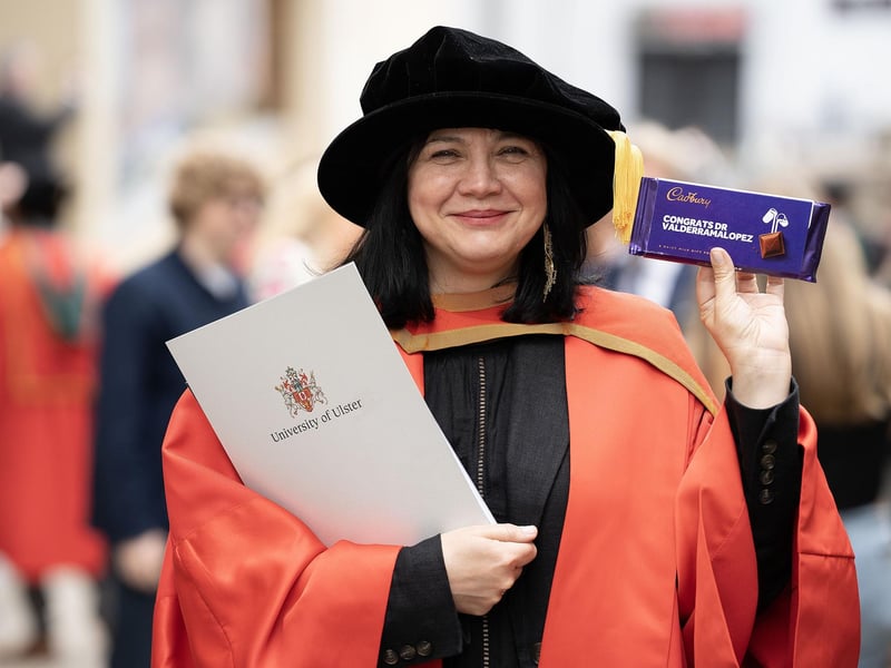 Dr Adriana Valderramalopez, graduates with a Doctorate in Heritage and Museum Studies from Ulster University in Derry on Monday July 8. (Photo: Nigel McDowell / Ulster University)