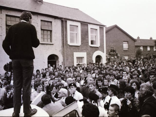 Martin McGuinness addresses a march and protest in Rosemount following the killing of Sean Downes. Civilian Mr Downes was shot with in the chest with a plastic bullet fired by the RUC in Belfast in front of journalists while attending an anti-internment rally.