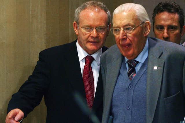 Ian Paisley and Martin McGuinness arrives for a press conference held jointly with President of the European Commission Jose Manuel Barroso in 2008. AFP PHOTO/DOMINIQUE FAGET (Photo credit should read DOMINIQUE FAGET/AFP via Getty Images)